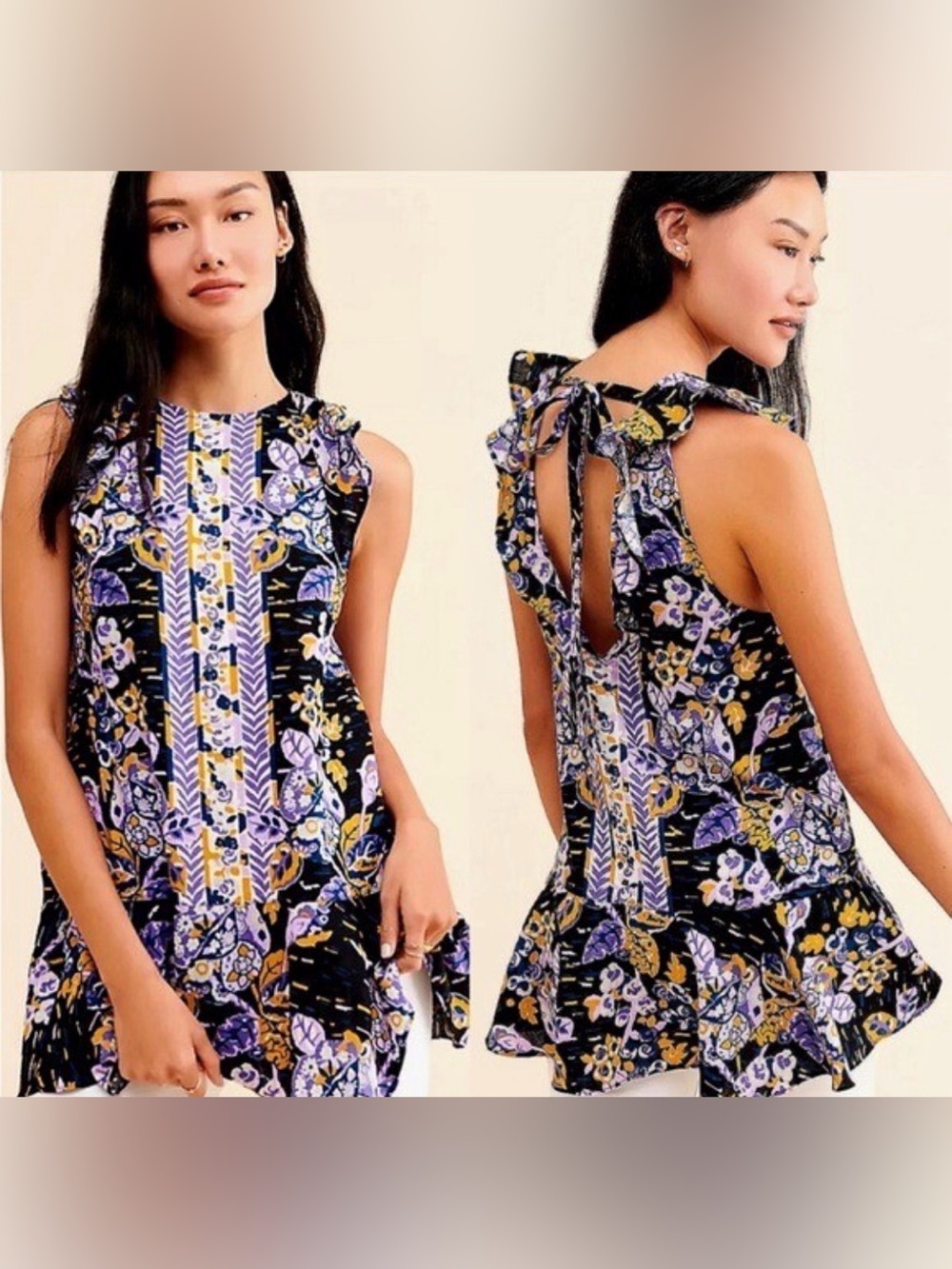 Free People Black Floral Back-Tie Sleeveless Dress with Purple & Gold